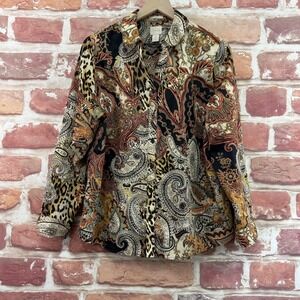 Chicos Top Women's L Multicolor Boho Floral Animal Print Casual Career Shirt